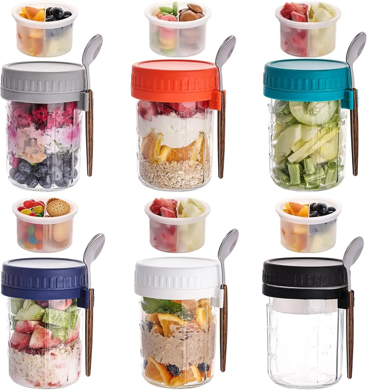 6 Pack Overnight Oats Containers with Lids and Spoons, 16 OZ Glass Mason Jars with Removable Separate Compartments, Airtight Lea