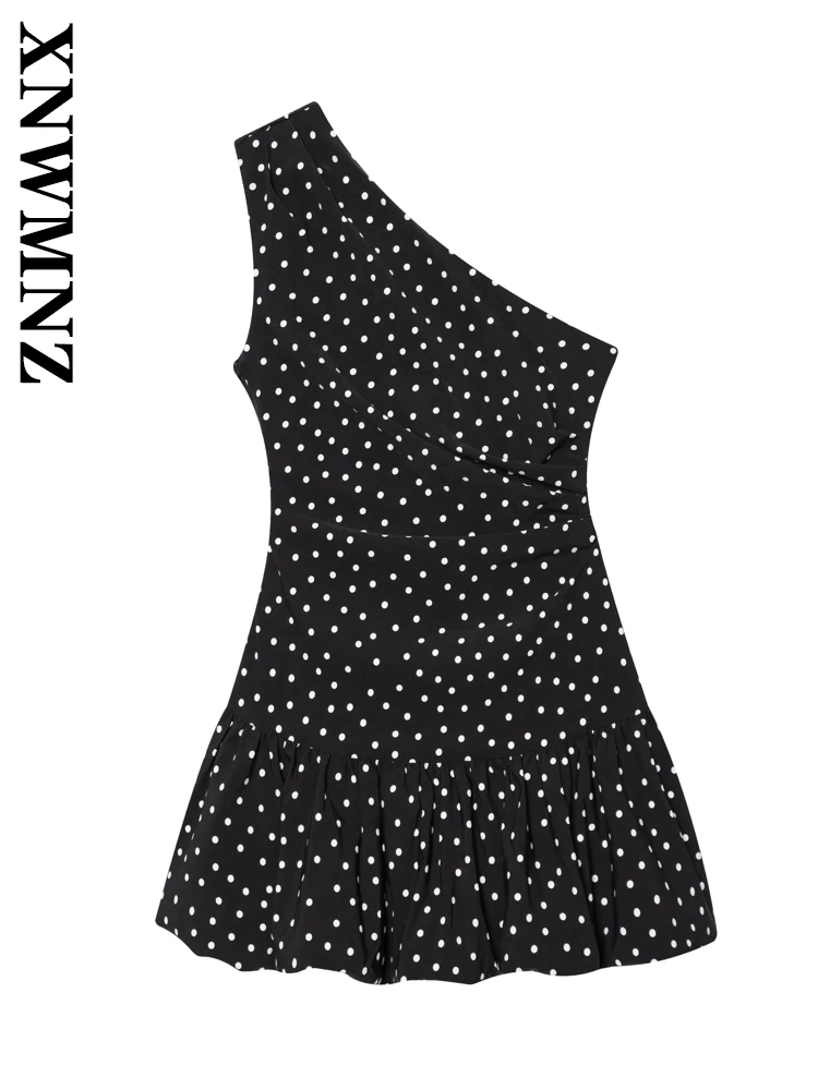 

XNWMNZ 2025 Summer New Woman club Sexy Sleeveless Shoulder wrinkle mini Dresses Fashion Chic Lady Skew Collar dot Pleated dress