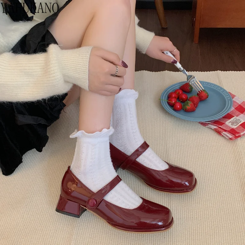 Thick Sole Leather Shoes 2024 New Retro Shallow Wine Red Square Toe Chunky Heels Mary Jane Single Shoes Casual High Heels