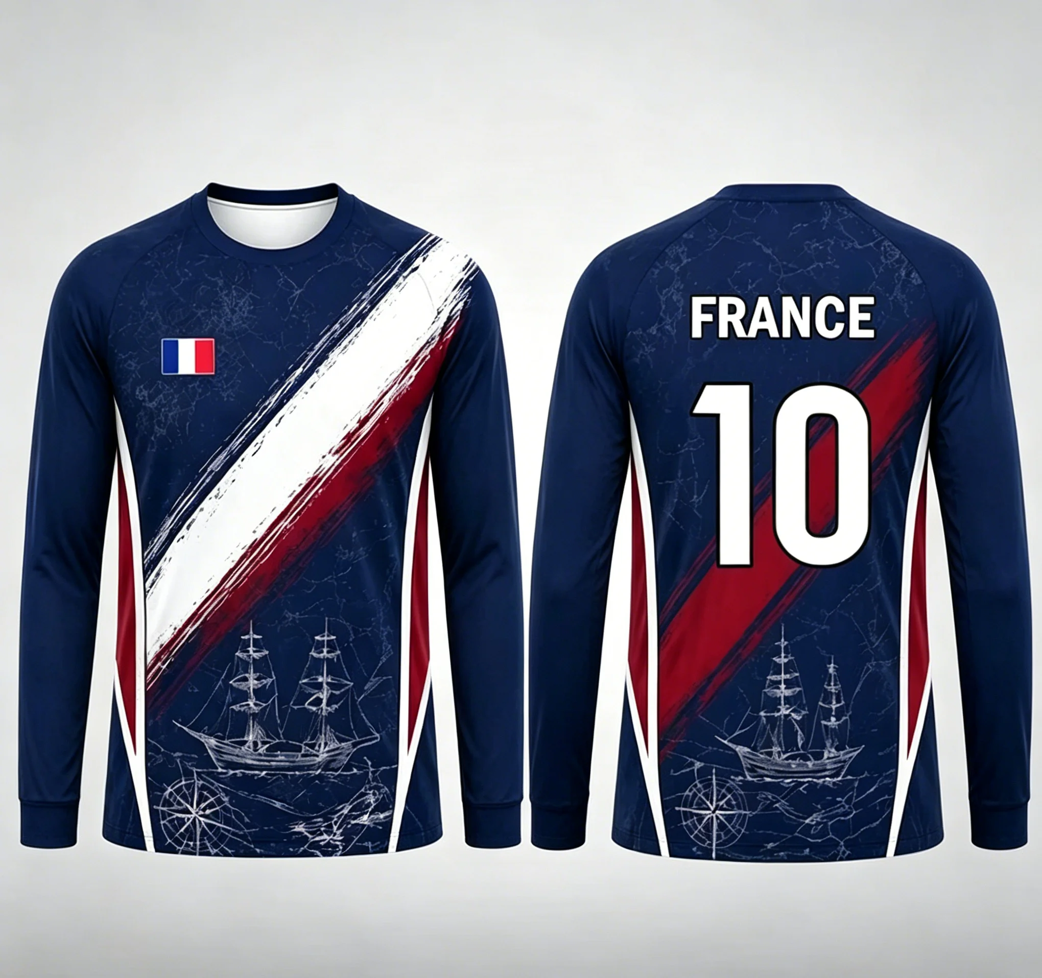 2026 France Flag Sailing Pattern Quick Dry Long Sleeve Sports T-Shirt Unisex Adult Kids Casual Tops