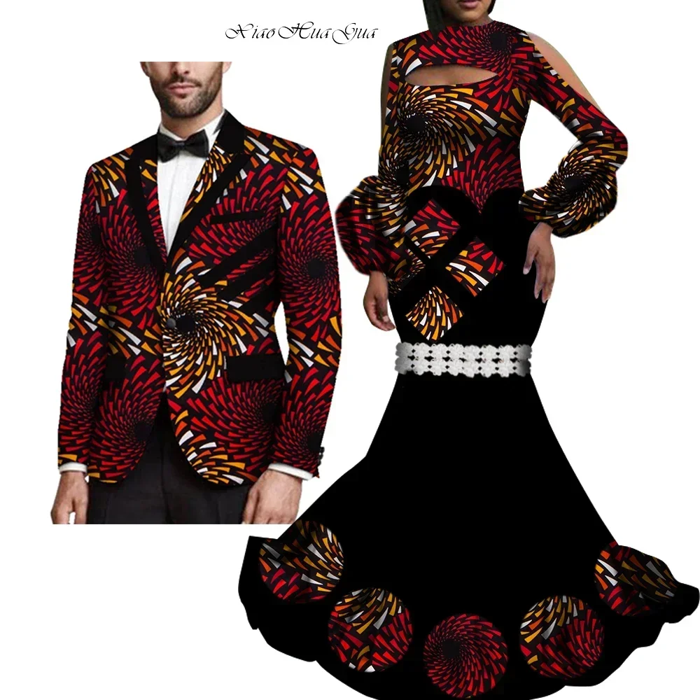 2 Piece Set African Print Couple Clothing for Lovers Men's Blazer Women's Party Maxi Dress Couple Clothes for Wedding 6XL WYQ273