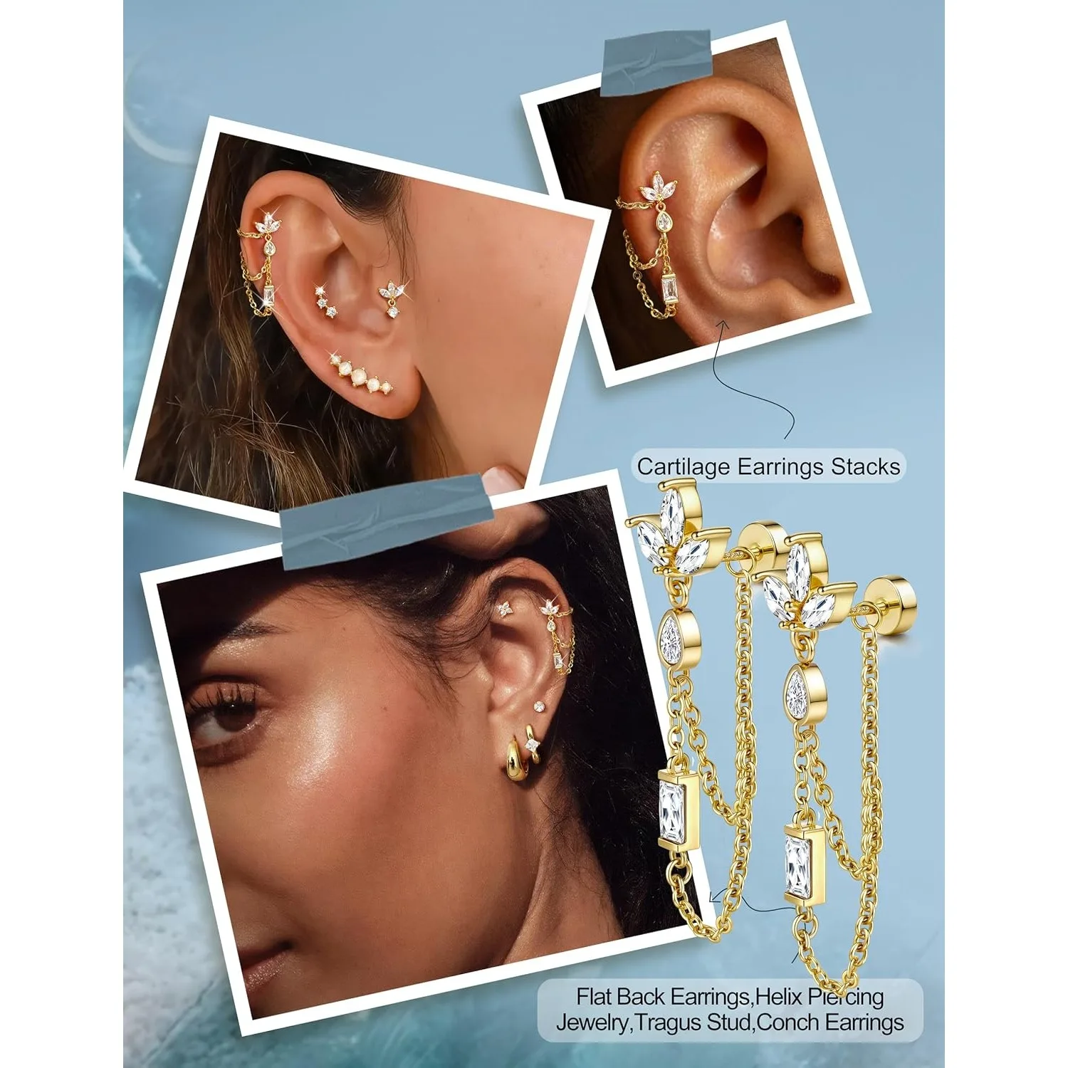 FASACCO Hypoallergenic Cartilage Earrings for Women Flat Back Stud 925 Silver Post 20G Ear Crawler Tragus Helix Piercing Jewelry