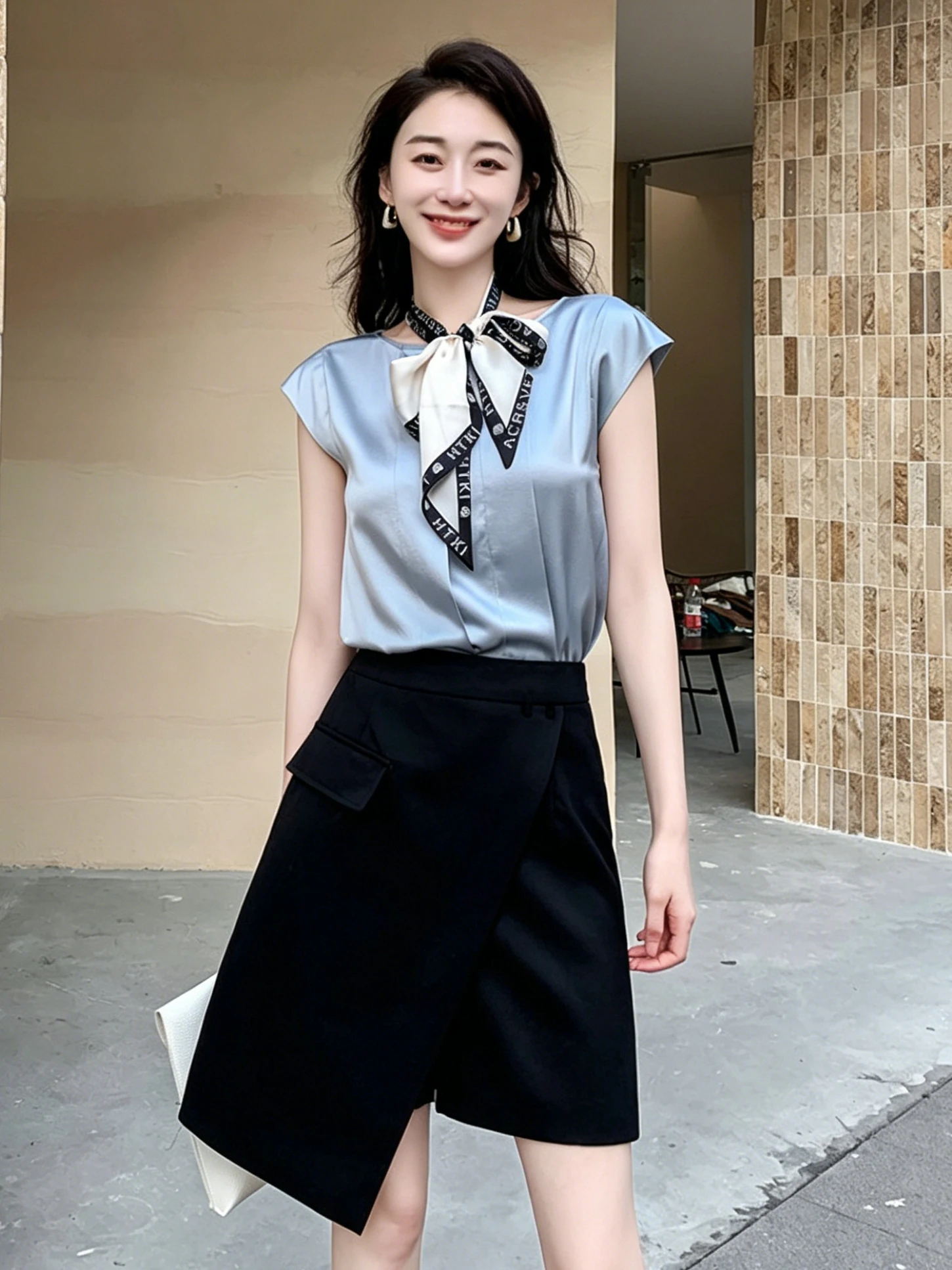 

Garbociaga Women's Silk Shirt with Ear Sleeves Pleated High-End Blue Gray Commute Style round Neck Short Sleeve Regular Fit