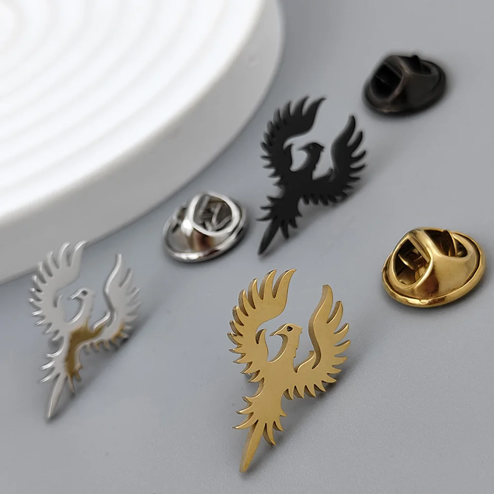 Trendy Phoenix Totem Brooch for Men Stainless Steel Animal Faith Amulet Jewelry Groom Shirt Suit Badge Pin Wedding Accessories