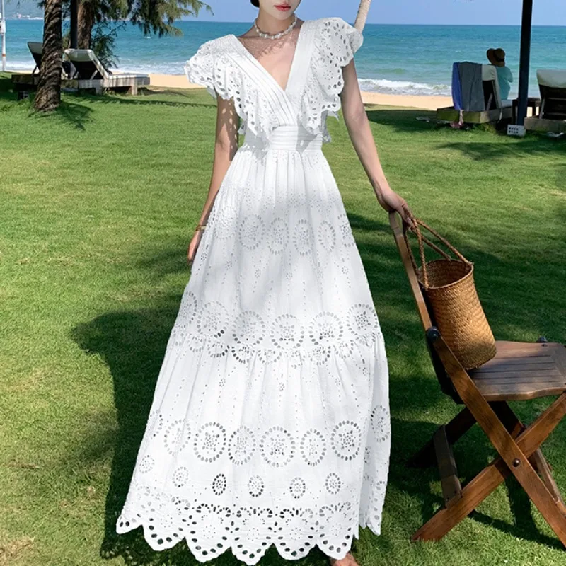 White Women Dress Bodycon Vintage Hollow Out V-neck Evening Clothing Lady Ruffle Sleeve Summer Vacation Long Vestido