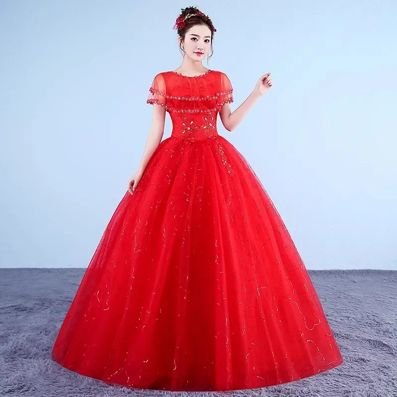 Cheap Red Wedding Dress Crystal Sequins Bling O-neck Shawl Lace up Princess Floor-length Plus size Simple Bride Ball Gowns XN034