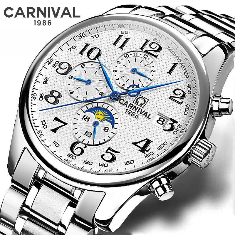 Carnival Luxury Brand Moon Phase Business Mens Mechanical Watches Waterproof Stainless Steel Automatic Wristwatch Men Clock