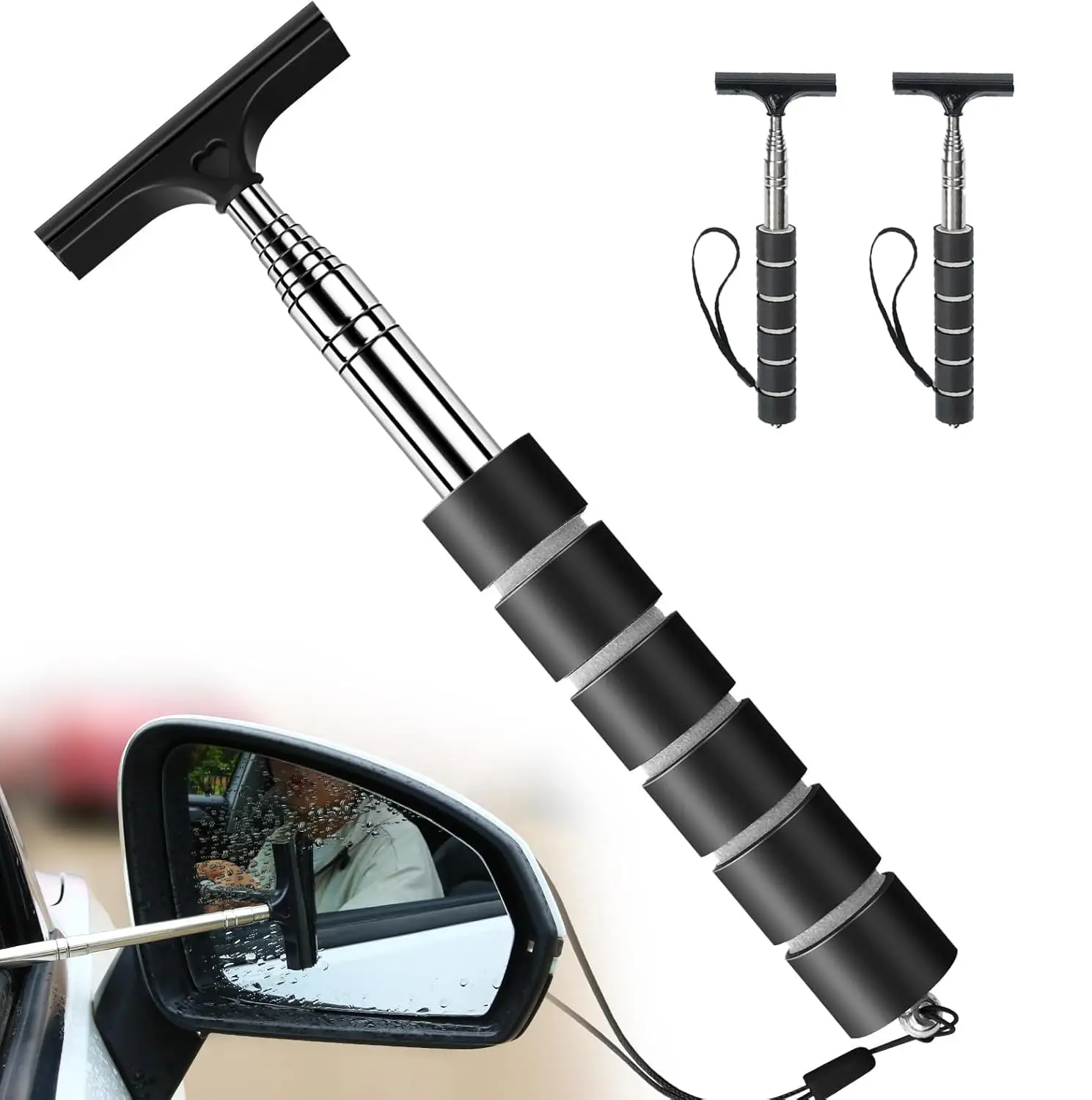Retractable Side Mirror Squeegee for Car Window Squeegee Mini Rear View Mirror Accessories Stainless Steel and Rubber Head, Comp