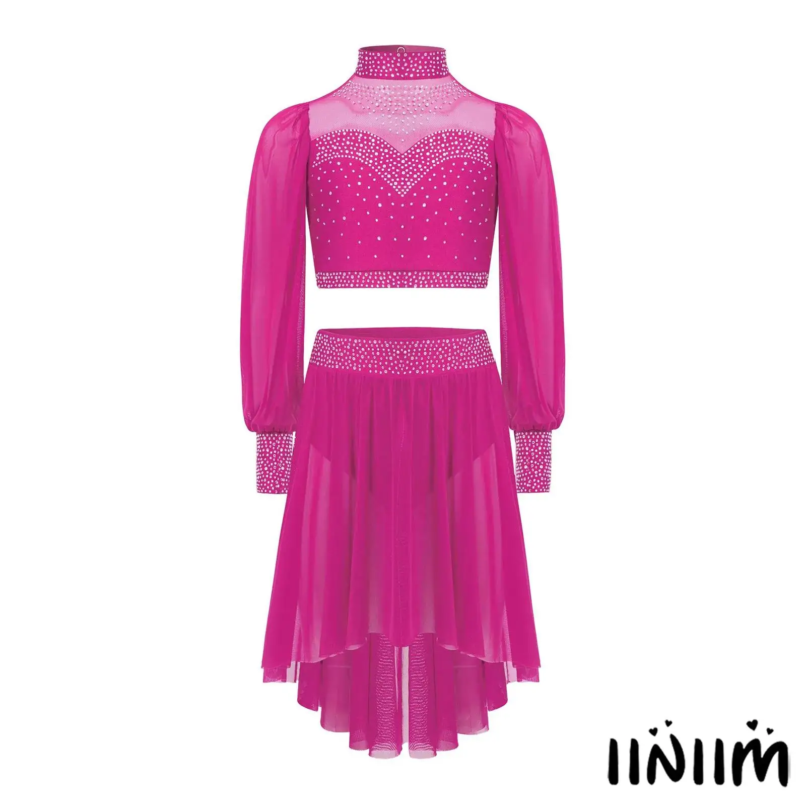 

‌Girl's Sparkling Rhinestone Dance Top with Skirt Set Mesh Sleeves Cutout Back Stage Performance Lyrical Modern Dance Costume