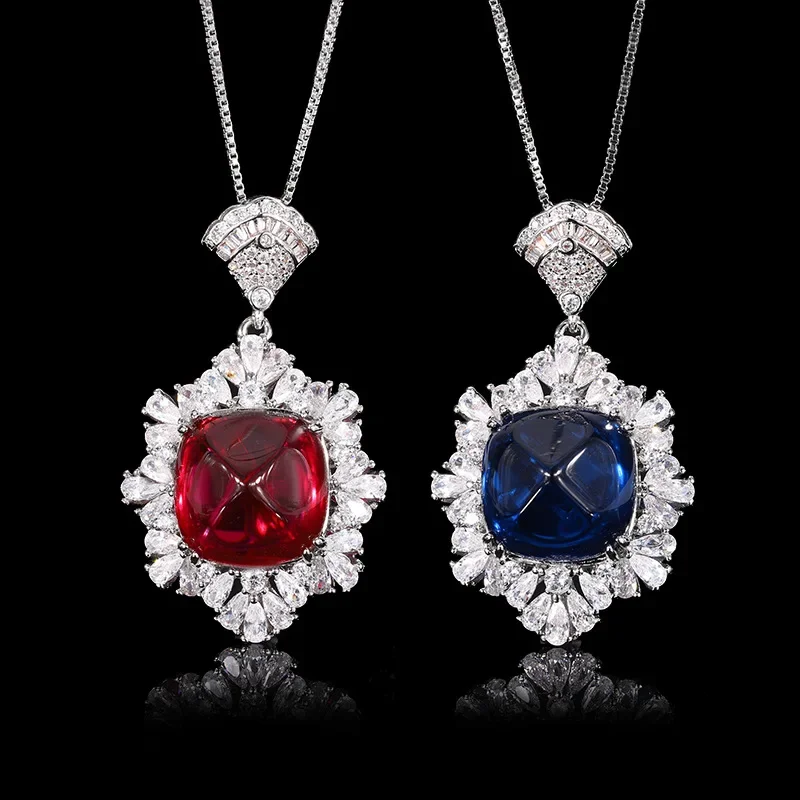 2024 New Simulated Red Corundum Fat Blue Sharp Crystal Sugar Tower Retro Pendant Necklace 14 * 14