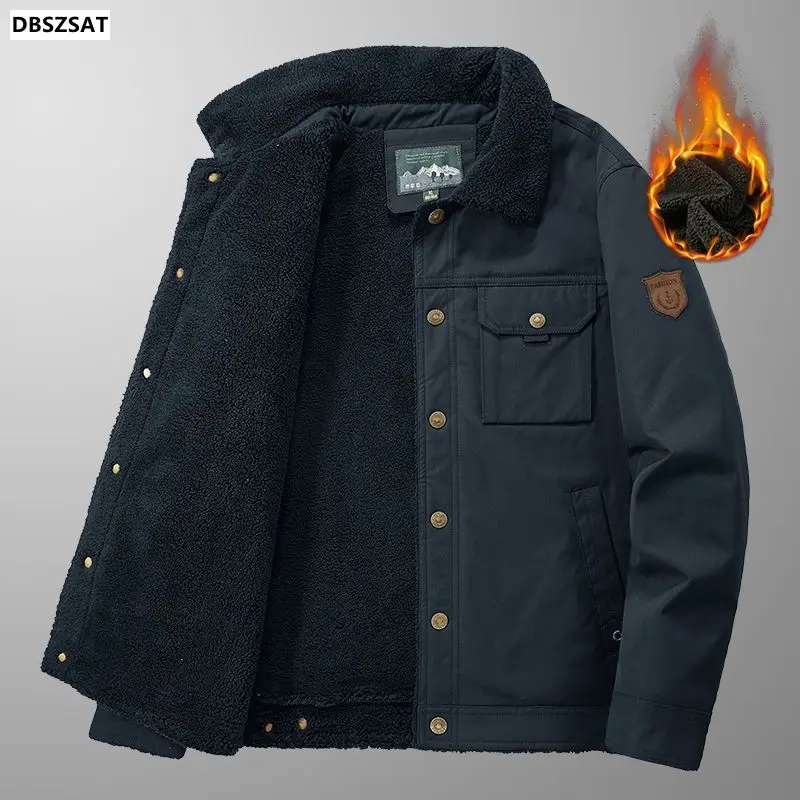 Chaqueta corta de invierno para hombre, Parkas con solapa, forro de piel de cordero, abrigo forrado de felpa gruesa