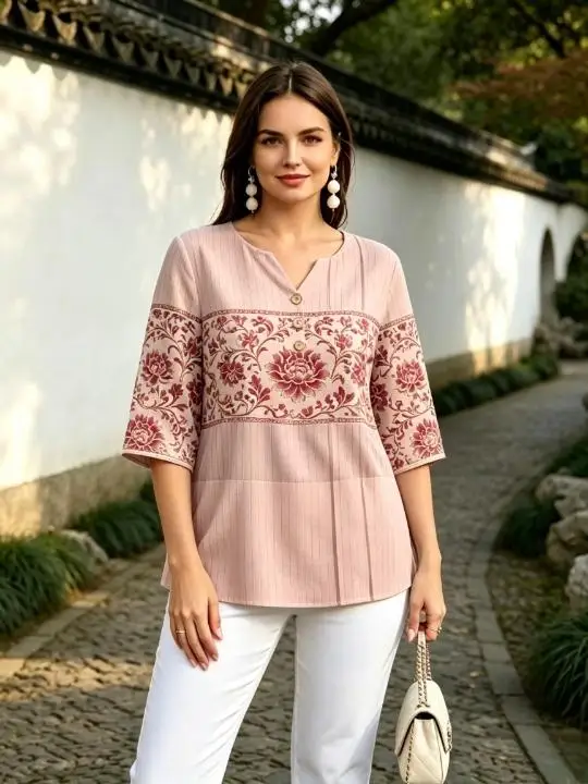 Oriental Print Blouse Notch V Neck 3/4 Sleeve Vertical Texture Shirts Bamboo Peony Floral Casual Daily Vacation Women Soft Tops