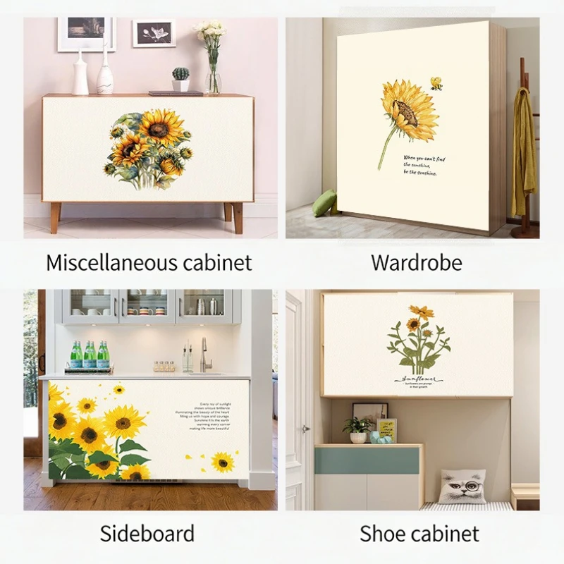 Velcro Self Adhesive Sunflower Print Cabinet Curtain No Drill Dustproof Privacy Cover for Kitchen Sideboard Wardrobe Cabinet