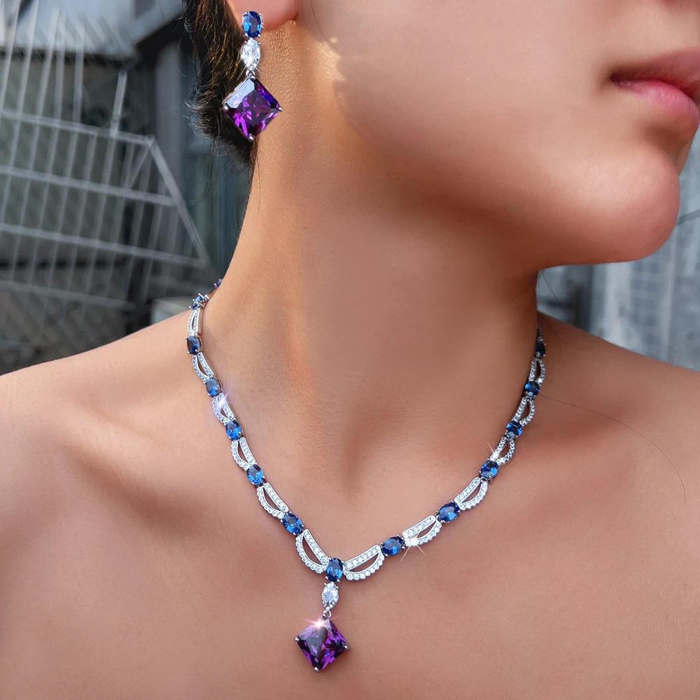 

ThreeGraces великолепный блестящий фиолетовый квадратный цирконий и синий синтетический танзанит свадебный комплект украшений для женщин T1109