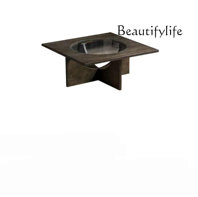 

High-Grade Oak Solid Wood Tea Table B & B Small Apartment Tempered Glass Tea Table Personalized Coffee Table