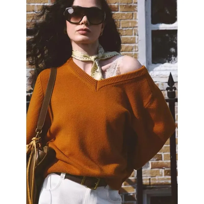 

Versatile V-neck 100% cashmere knitted sweater for women autumn and winter loose wool sweater