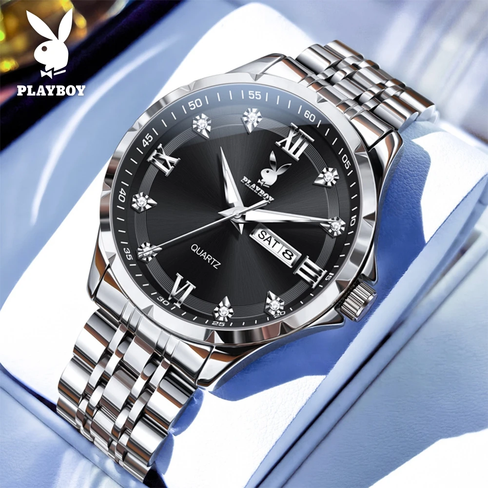 

PLAYBOY 3098 Luxury Men's Watch Business Original Quartz Wristwatch Waterproof Luminous Calendar Window Male Watches Week Date