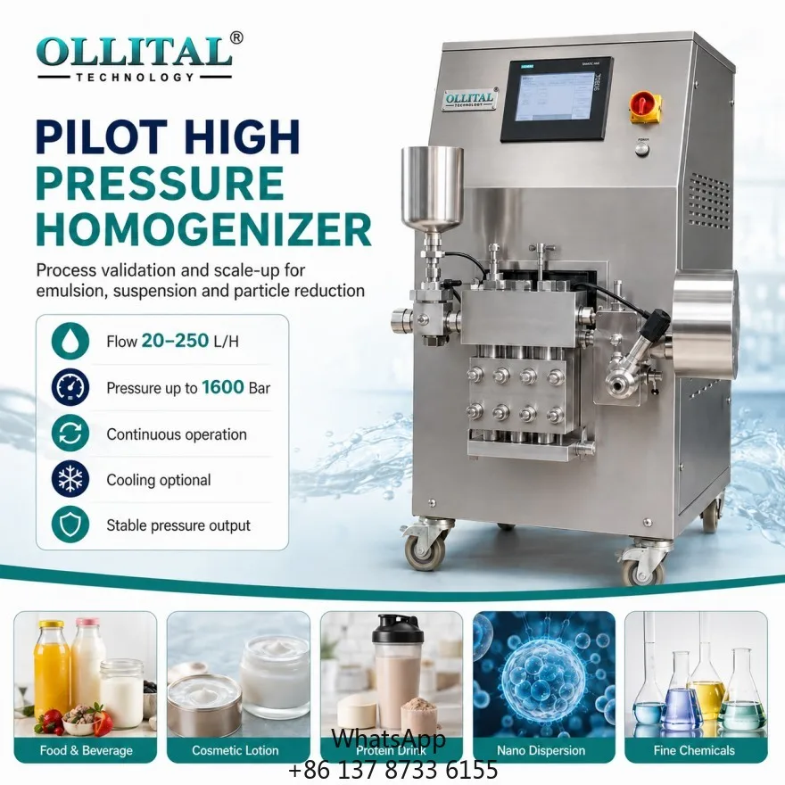 Ollital Pilot High Pressure Homogenizer With Cooling Option For Suspension Dispersion Process Optimization