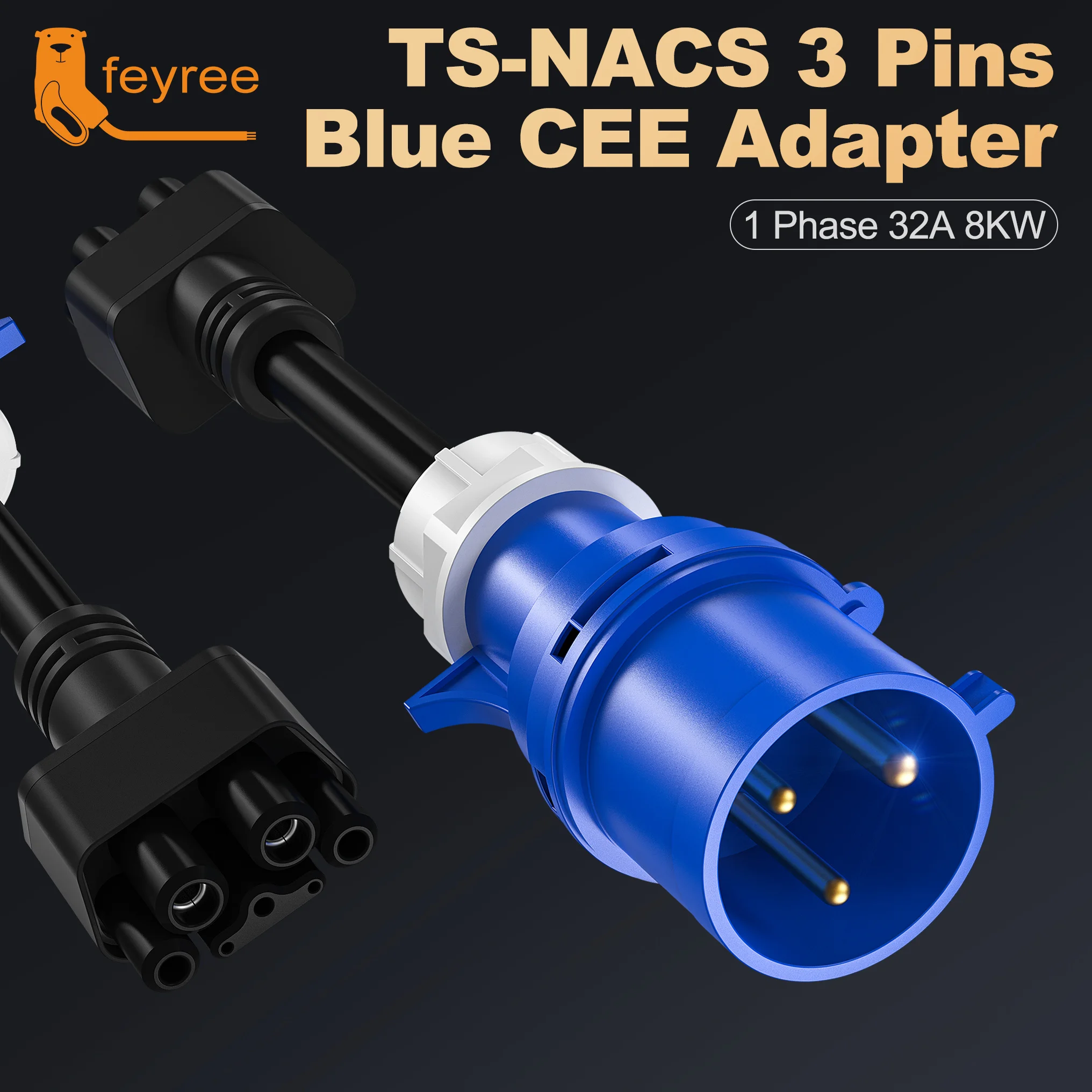 Feyree For TS-NACS 3 pin Blue CEE Adapter NACS Model S,3,X,Y Gen 2 EV Charger Extension Cord Connector 240V Outlet at 32A 10Inch