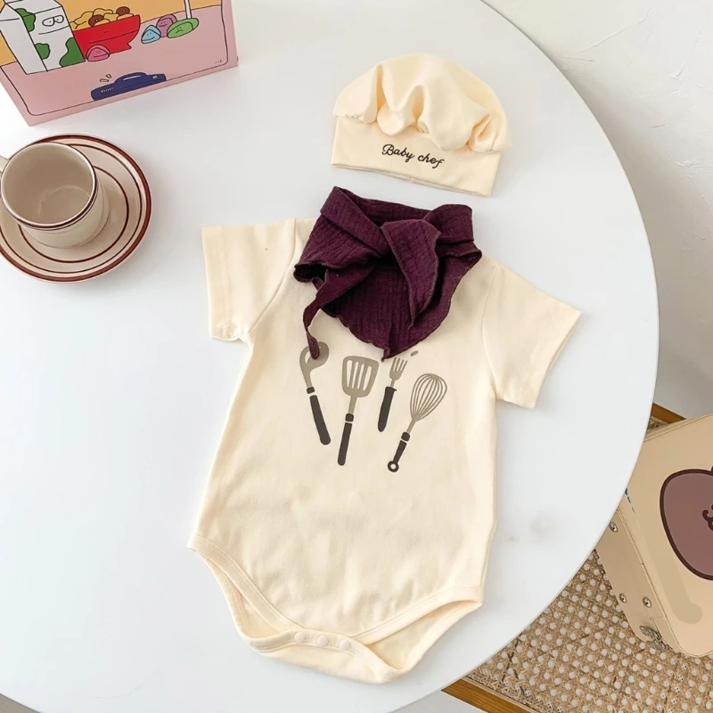 Newborn Photoshwear Chefs Styles Breathable Cotton Short Sleeve Bodysuit and Hat 425F