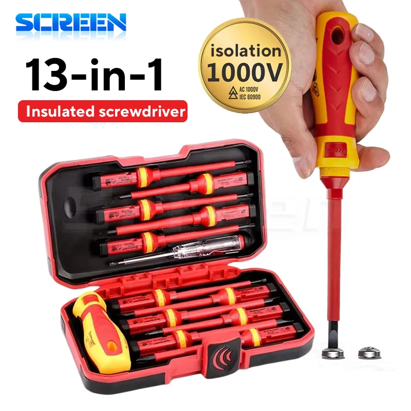 Electrician Repair Tools Kit 13pcs 1000V Changeable Insulated Screwdrivers Set with Magnetic Slotted Bits Screw Driver Set