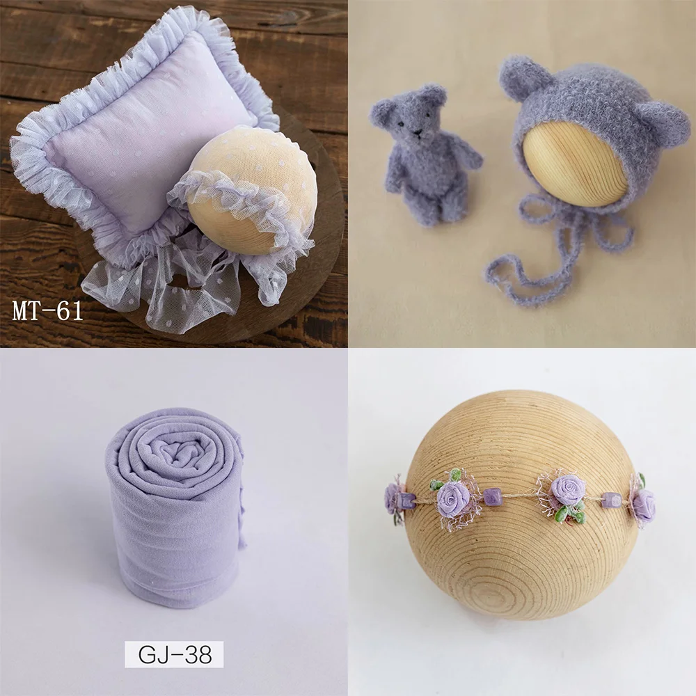 Newborn Photography Props Handmade Knitted Bear Doll Hat Set Lace Hat Pillow Headflower Stretch Wrapping Studio Photoshoot Props