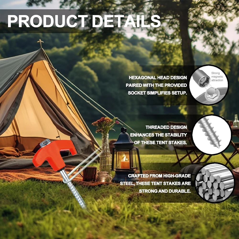 10 Stück Robuste Schraubzeltnägel, 8 Zoll Metall-Bodennägel mit Bohradapter, Spiralförmige Zeltnägel für Outdoor-Camping, Vordächer – Detail 4