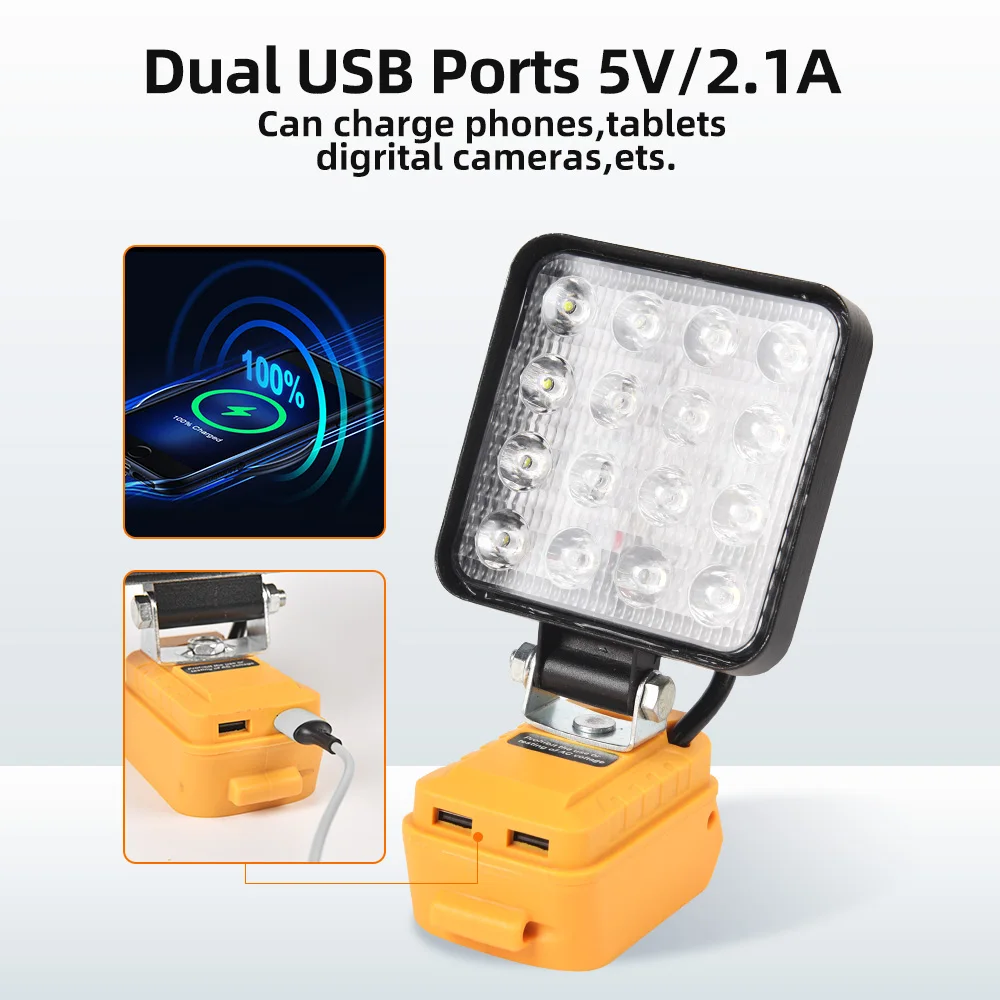 for Dewalt 20V battery wide beam flood light with two USB charging port LED light for emergency workshop garage