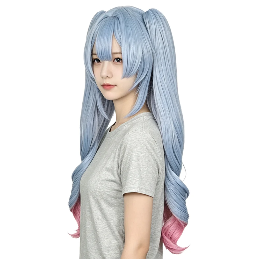 Anime Miku Rabbit Hole Cosplay Wig Sky Blue Pink Ombre Twin Tails Detachable Pigtails Long Wavy Heat Resistant Synthetic Hair view 4