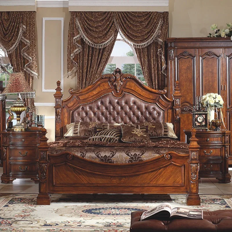 American and European New Style Royal Luxury Double Twin King Beds Frame Solid Wood Headboards for Queen