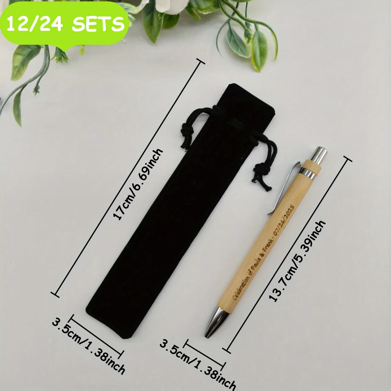 12/24 Sets Customizable Bamboo Ballpoint Pens Personalized Wooden Round Pens with Black Pouches Elegant Wedding Engagement Gifts