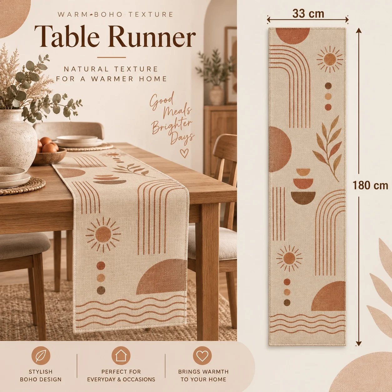 Boho Table Runner Abstract Arch Sun Pattern Neutral Beige Geometric Linen Style Dining Table Decor Home Decoration