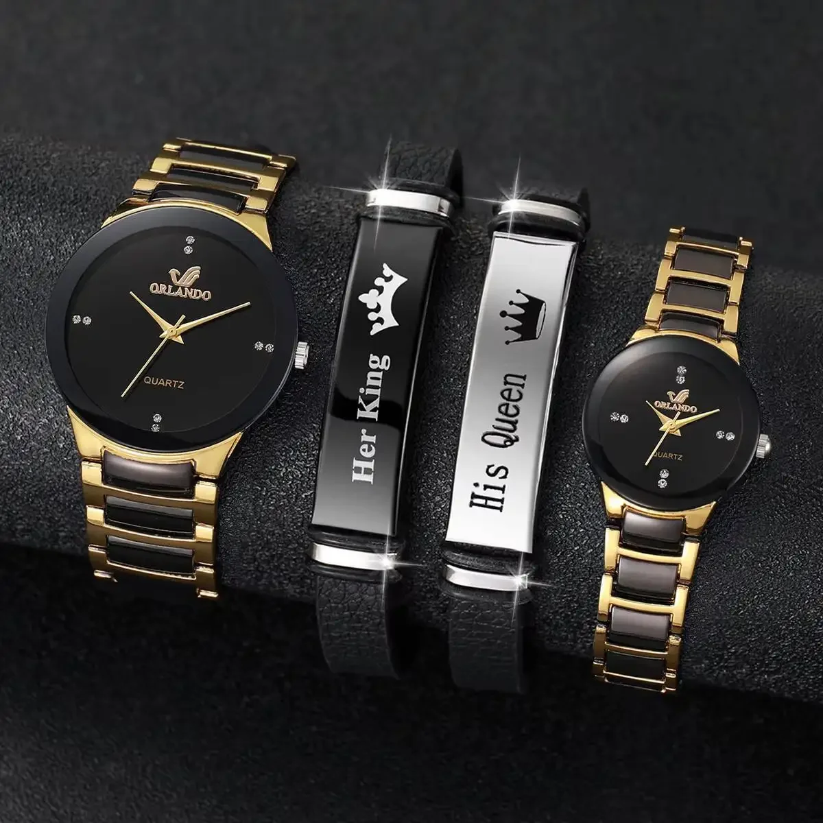 Tri color quartz watch fashion casual set rhinestone steel strip watch couple watch set