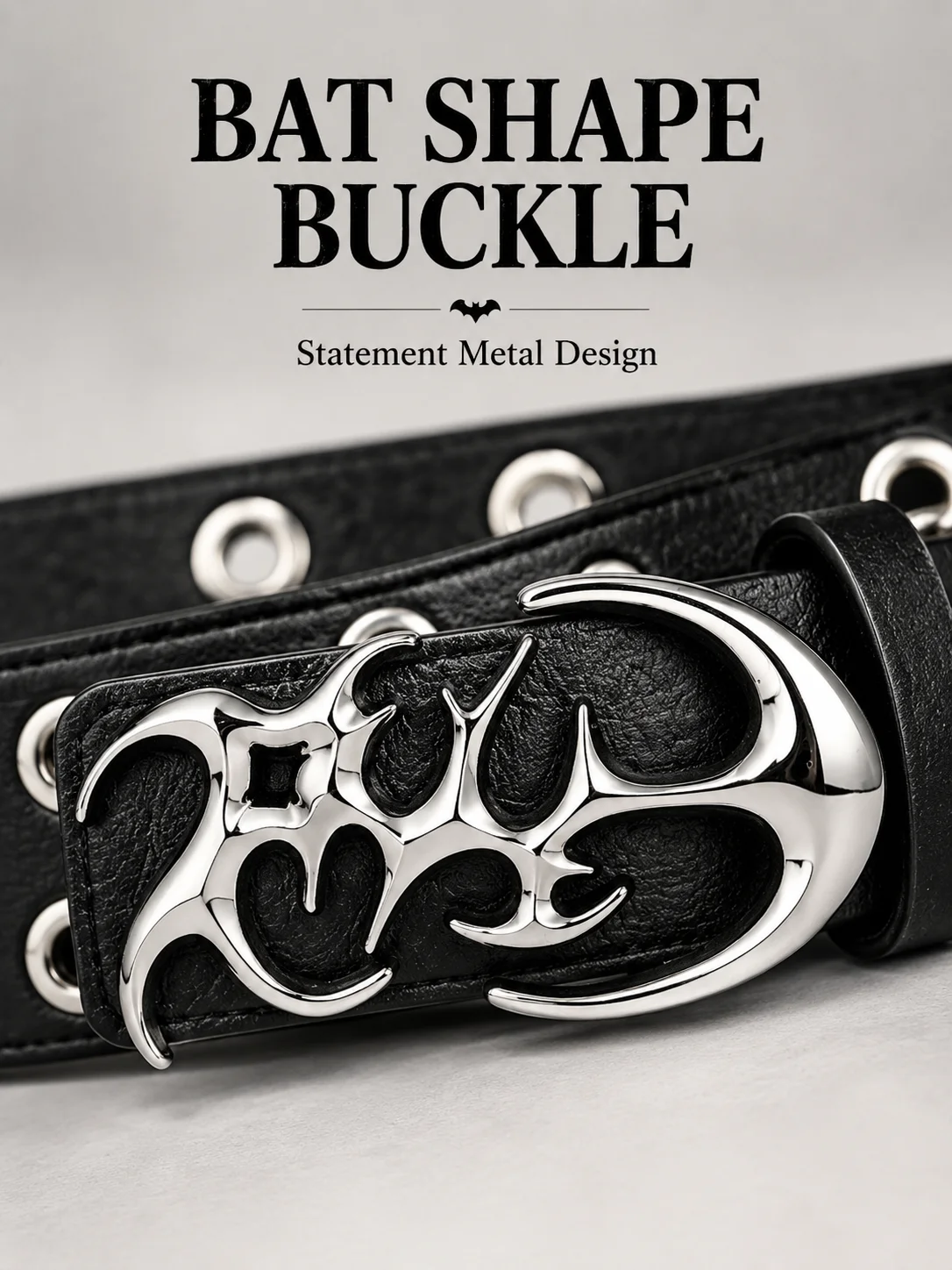 Punk Bat Buckle Belt Faux Leather Gothic Streetwear Waistband, Metal Eyelet Studded Belt for Women Men Party Festival Jeans view 3