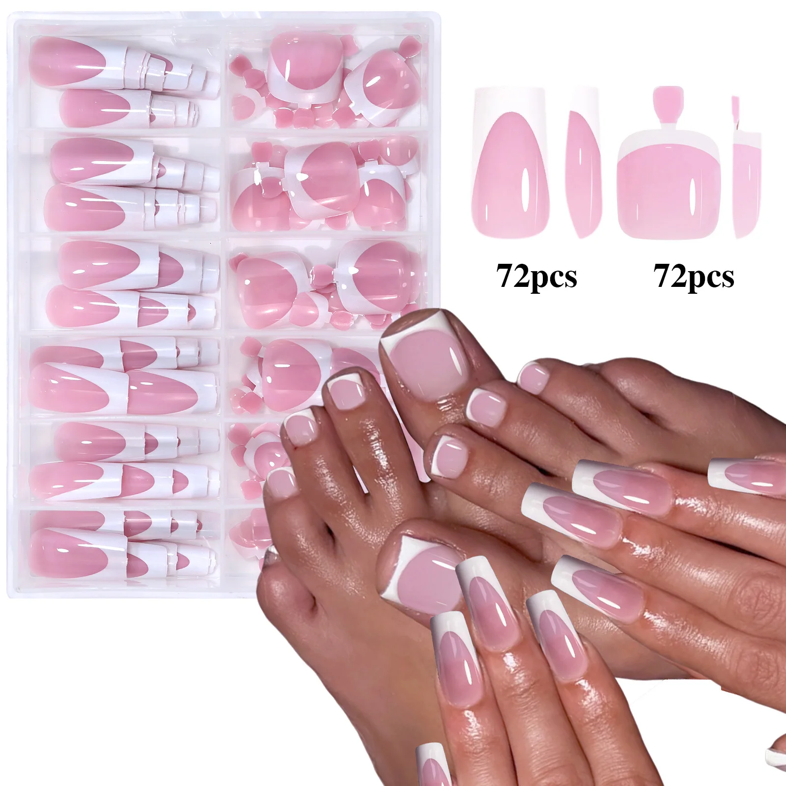 Pink & White French Tip Press On Nails, Short Square Full Cover Acrylic False Nail Set