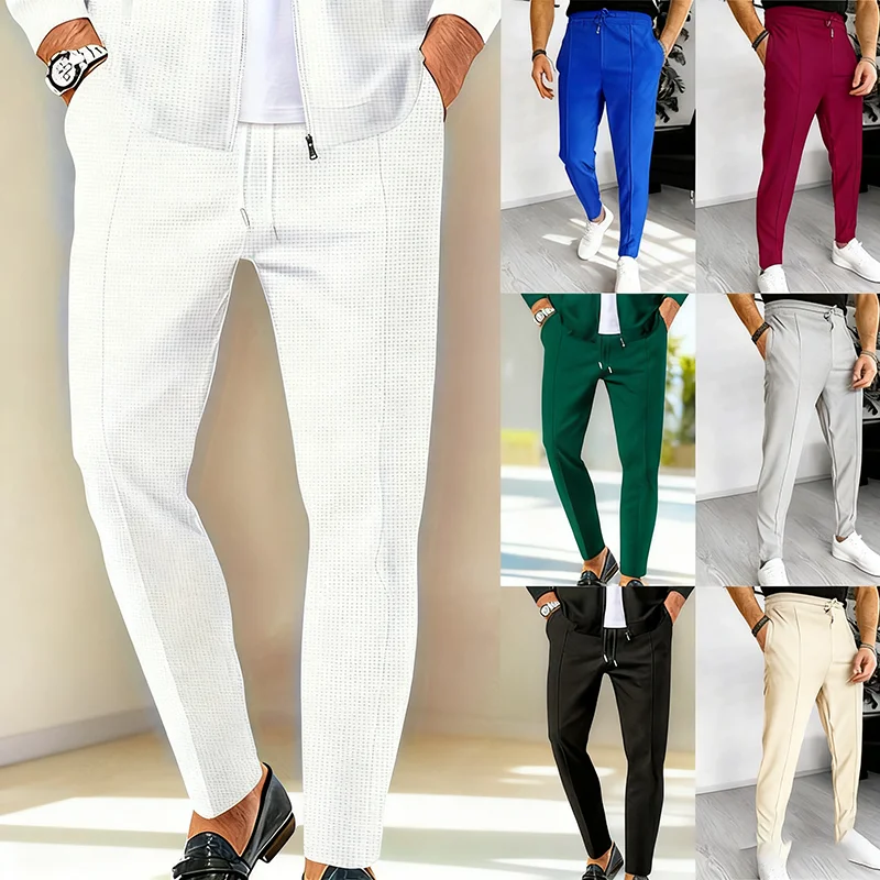 

Мужские повседневные эластичные спортивные брюки, осень 2021, европейские и американские прямые брюки с вафельным тросом для мужчин