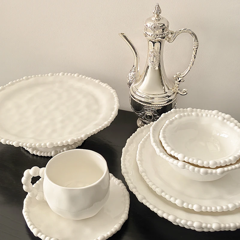 White Beaded Ceramic Bowls 5’’ 6’’ Scratch Resistant Dinnerware Dishes Microwave & Dishwasher Safe Elegant Tableware