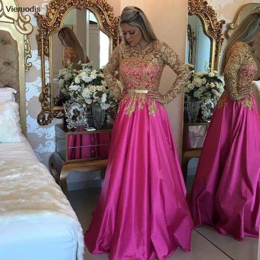 Gold Lace Evening Dresses 2022 Long Sleeve O-Neck A-Line Appliques Satin Elegant Party Prom Gown Floor Length Vestido De Noche
