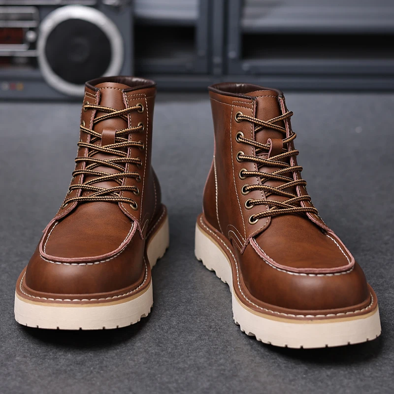 New Autumn Winter Handmade Vintage Men Shoes Real Leather British Tooling Ankle Boots Round Toe Lace-up Outdoor Motorcycle Boots