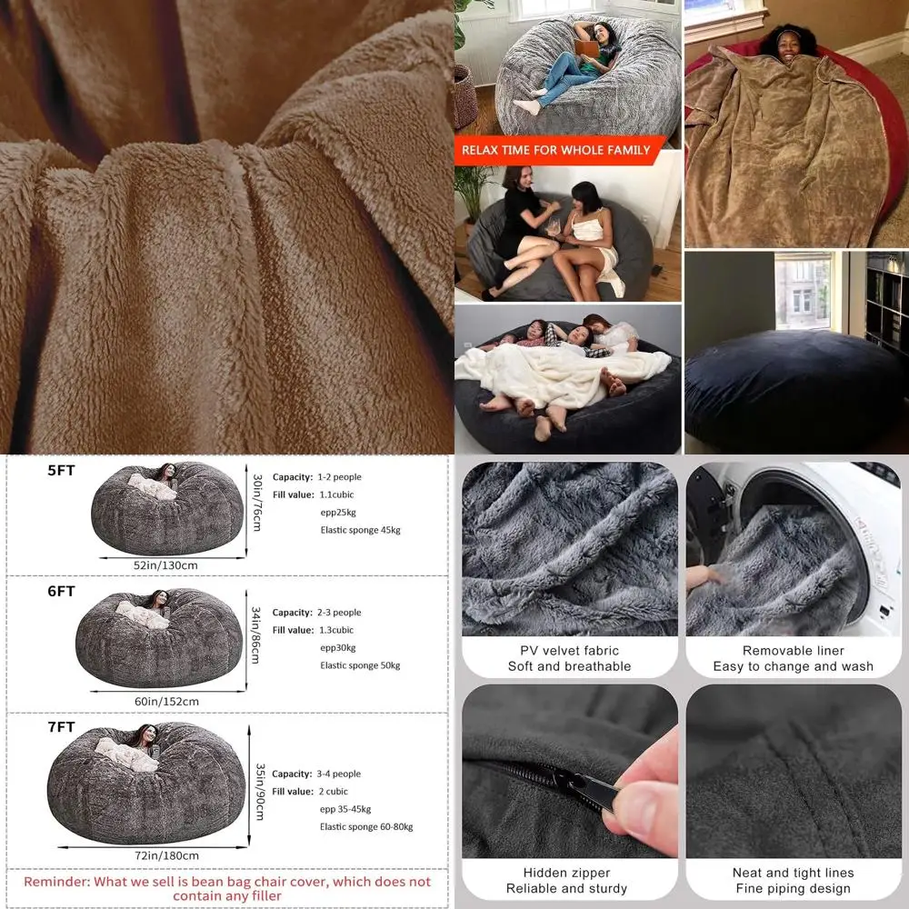 

Giant Adult-Sized Washable Bean Bag Chairs in Gray with Double Stitched Seams and Multiple Sizes