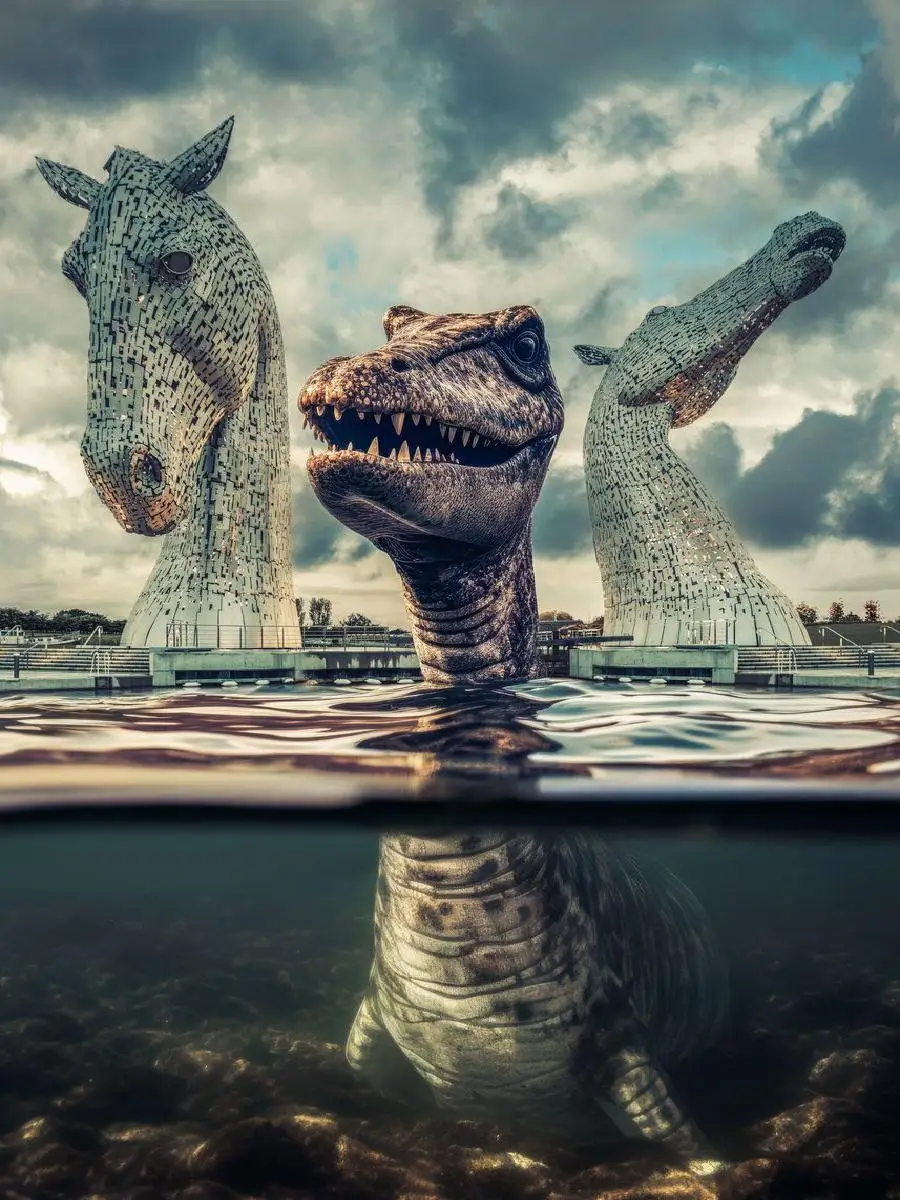 Nessie Visits the Kelpies Landscape Poster  Nature  Travel Wall Art Print for Home Decor