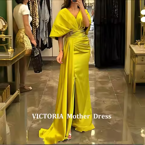 VICTORIA Customized Yellow Satin Mother of the Bride Dress 2026 Sheath V-Neck Beads Pleat Long Wedding Guest Gowns Evening Dress