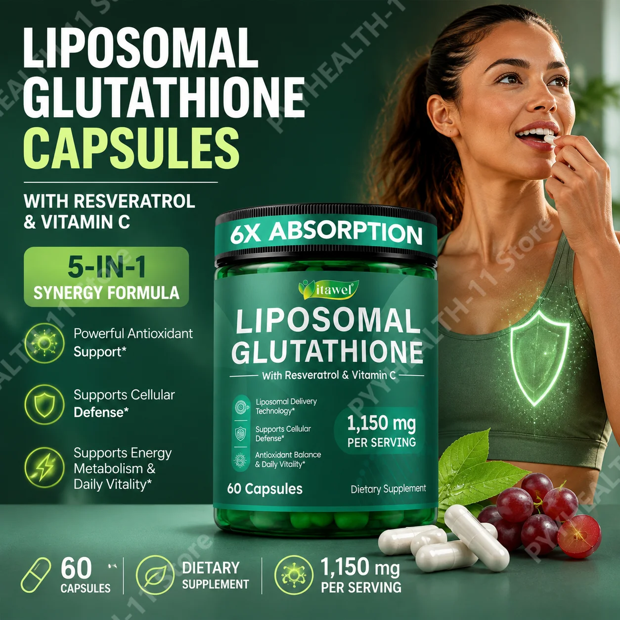 Liposomal Glutathione Capsules,Antioxidant,Skin Brightening and Moisturizing,Metabolic Management,Liver Health Support,60pcs