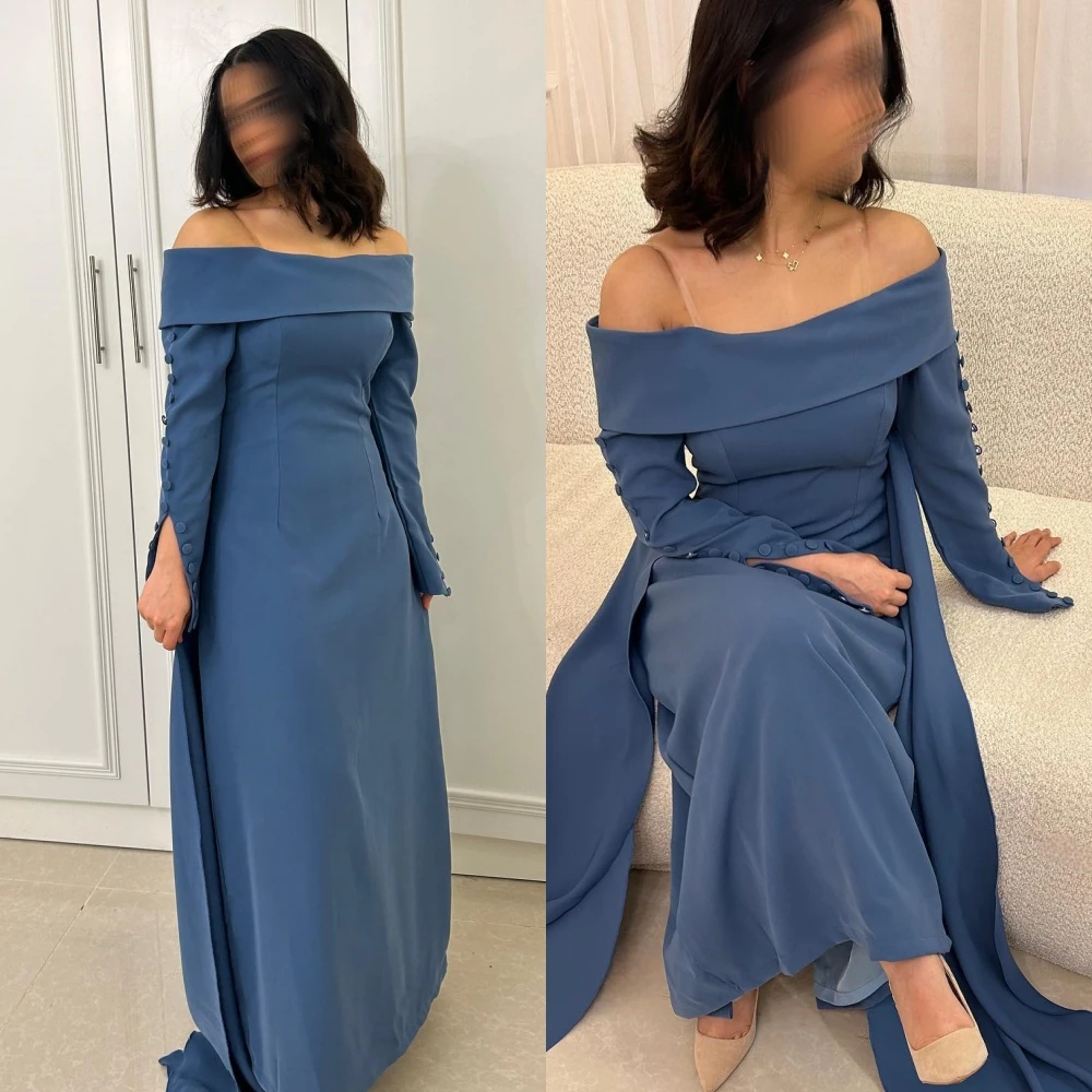 

Customized Sparkle Exquisite Classic Modern Style Formal Evening Off The Shoulder Floor-Length A-line Button Satin Dresses