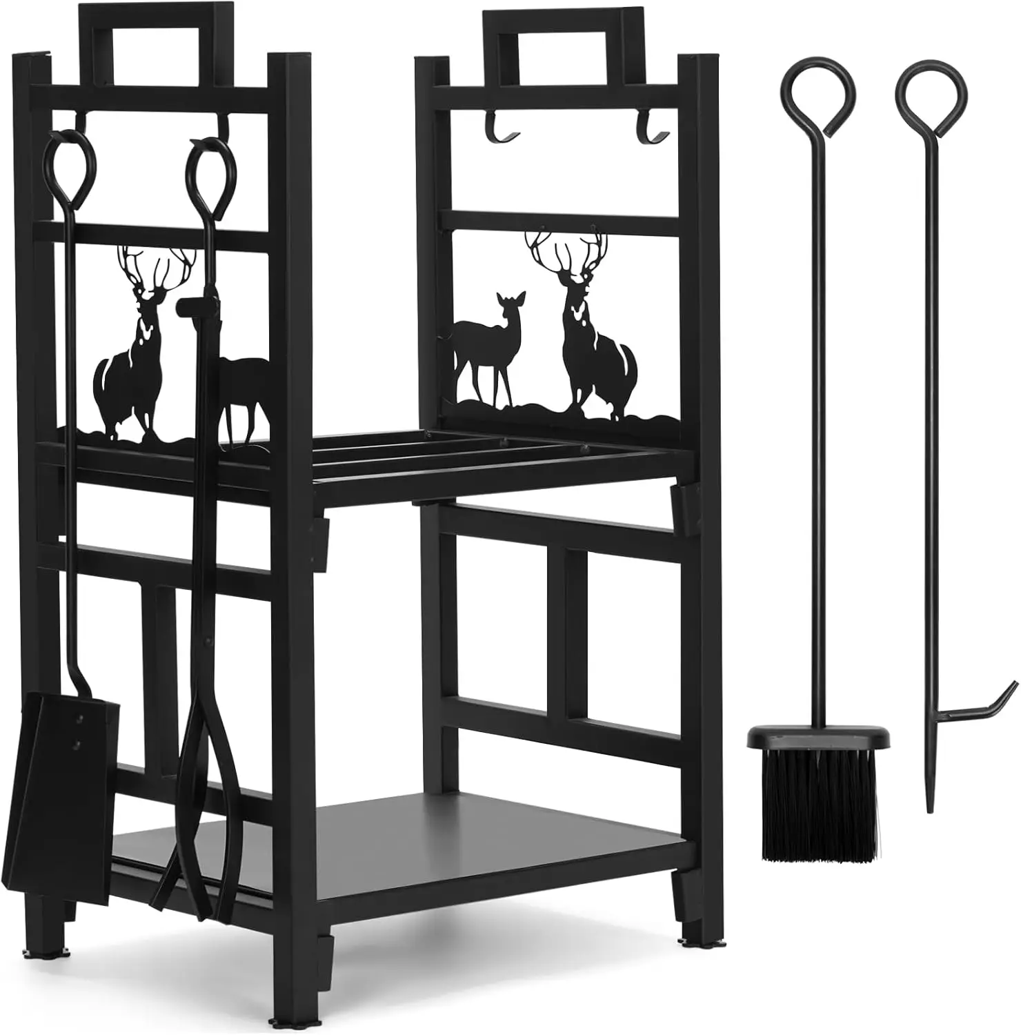 

Double-Layer Iron Firewood Rack & Tool Set4-Piece Tools Included for Indoor Outdoor Fireplaces