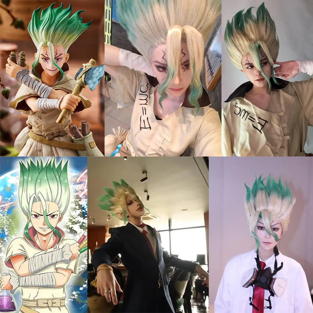 إيشيغامي سينكو شعر مستعار صناعي قصير متدرج أخضر من Dr.Stone مناسب للحفلات اليومية، شعر مستعار مقاوم للحرارة #6