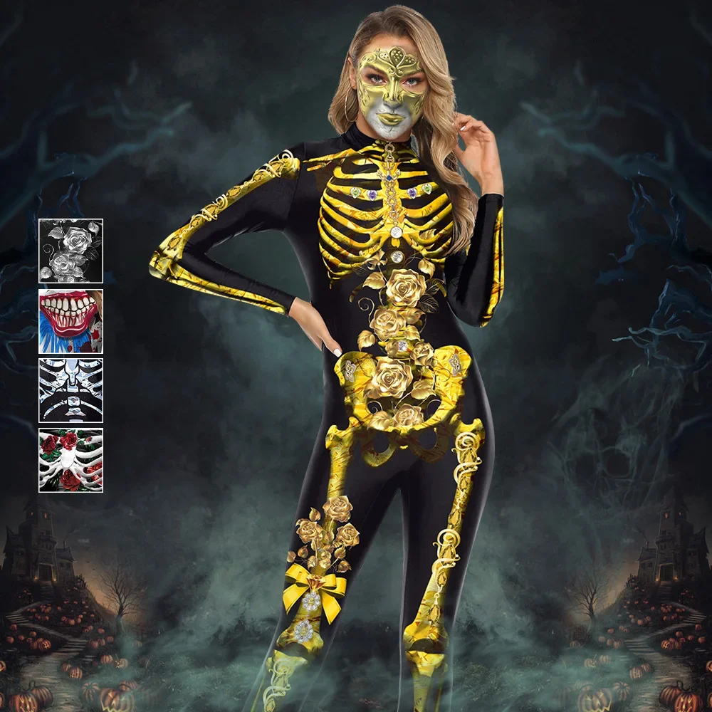 Halloween Women Adult Cosplay Jumpsuit Skeleton Bodysuit Female Zombies Halloween Party Outfit Sexy Zentai Performance Costumes