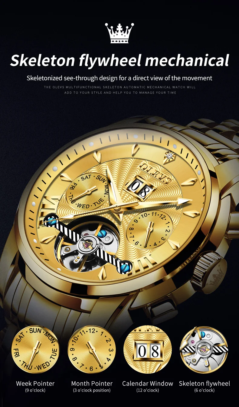 OLEVS 9965 Hot Sale Men's Watches Original Stainless Steel Hollow Flywheel Multi_functional Automatic Mechanical Watches for Man
