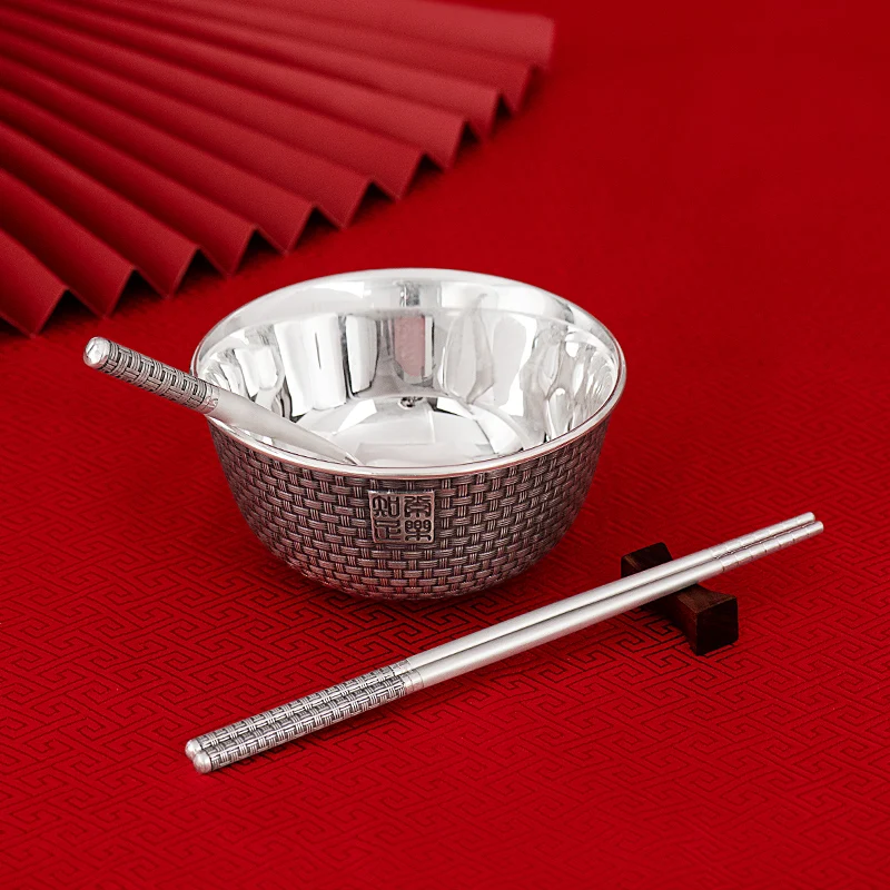 Silver 999 tableware set Silver bowl silver chopsticks silver spoon silver rice bowl silver spoon chopsticks