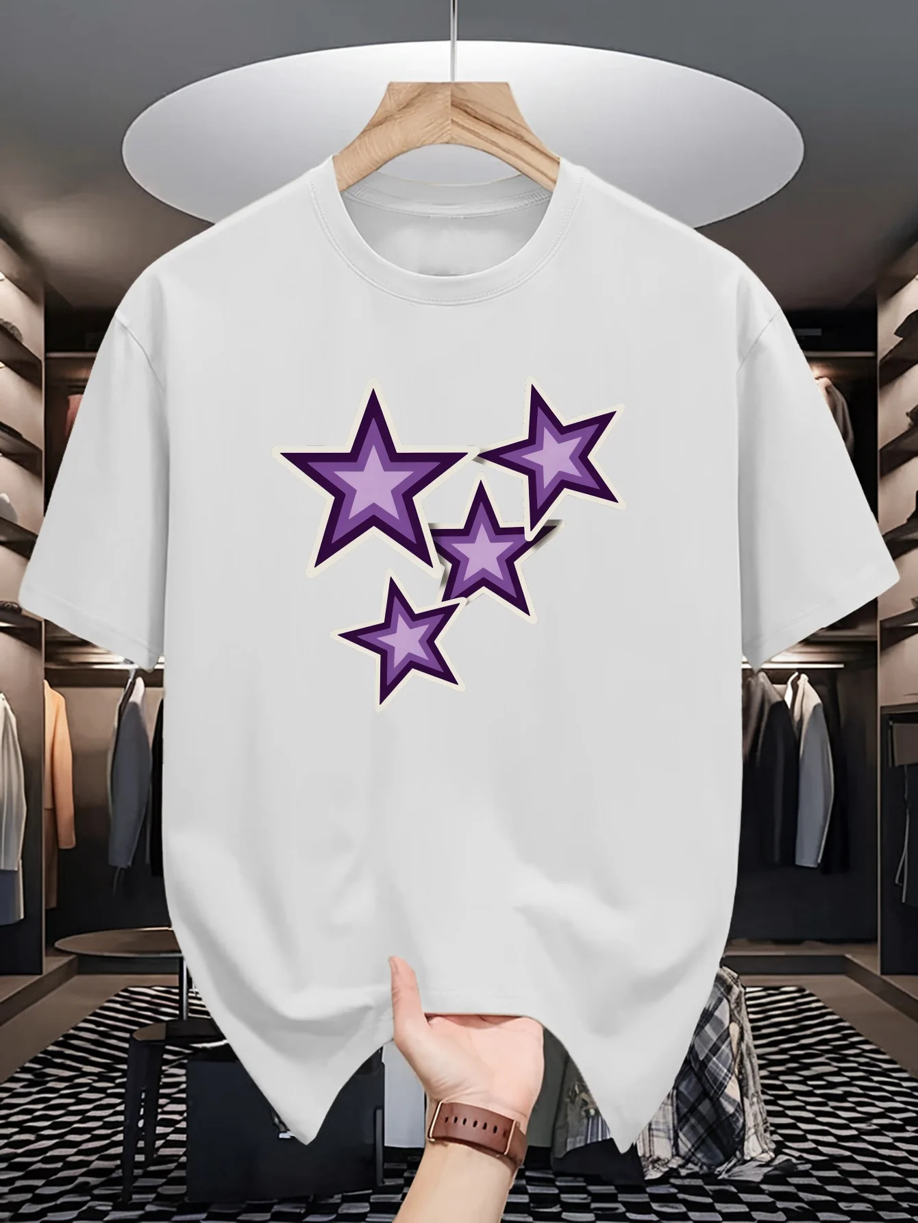 Purple Layered Star Print Mens Crew Neck T Shirt Four Stars Abstract Simple Graphic Short Sleeve Casual Cotton Trendy Street Tee